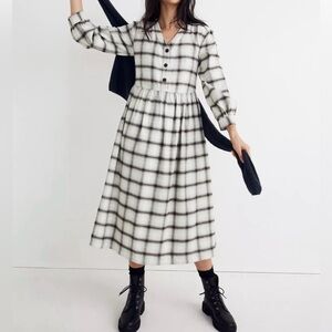 Madewell Black and White Check Flannel Midi Dress